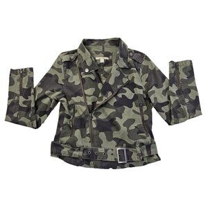 Mi Ami Women's Full Zip Jacket Size Small Green Camo Safari Buckle Pockets EUC